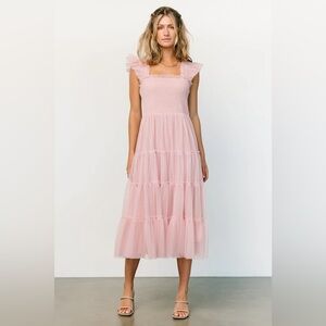 Baltic Born Emma Smocked Tiered Lined Midi Dress in Pink Size Medium